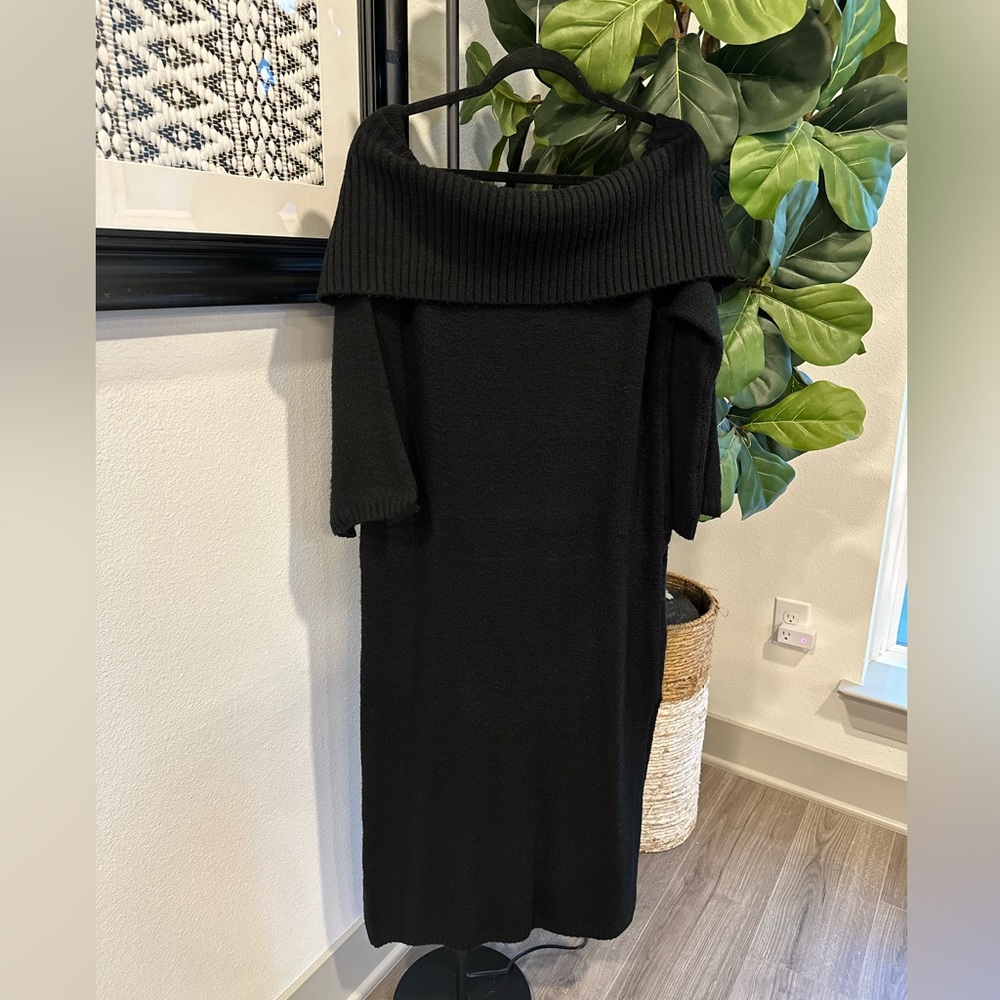 ELOQUII Off the Shoulder Maxi Flare Sleeve Sweater Dress - Black